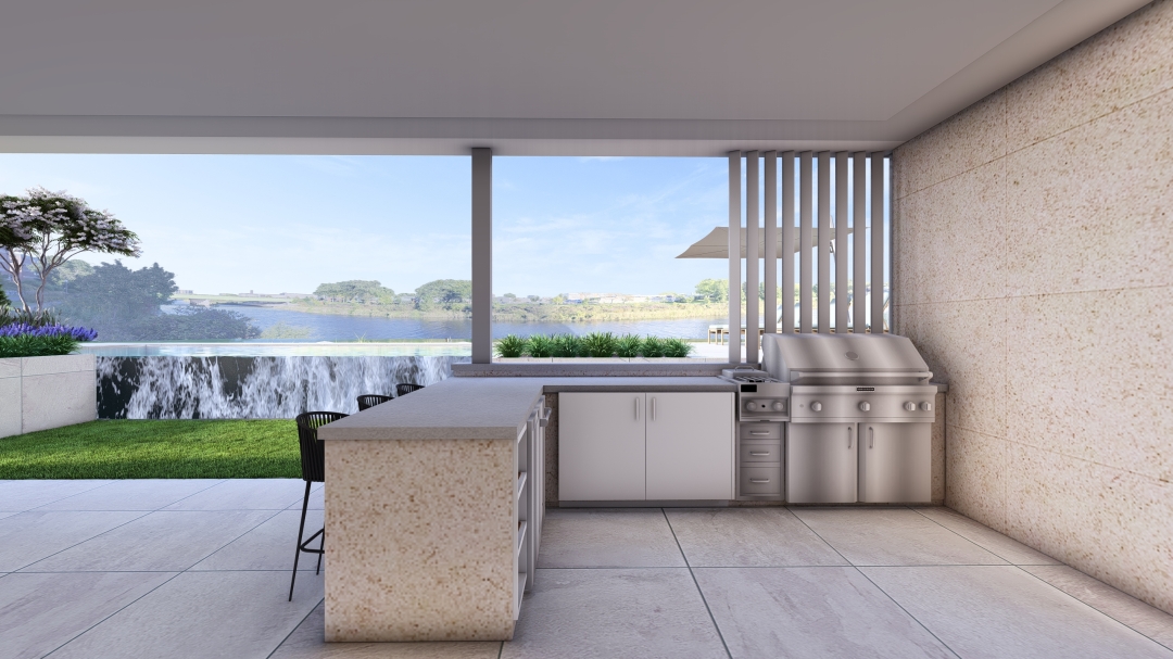 2 pictures - pool, kitchen