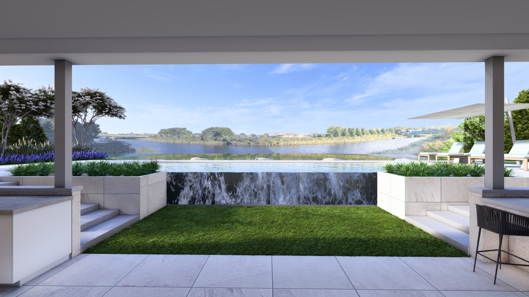 2 pictures - pool, kitchen